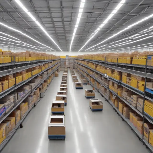 An image of a modern, eco-friendly Walmart warehouse utilizing renewable energy and advanced robotics to manage sustainable product supply