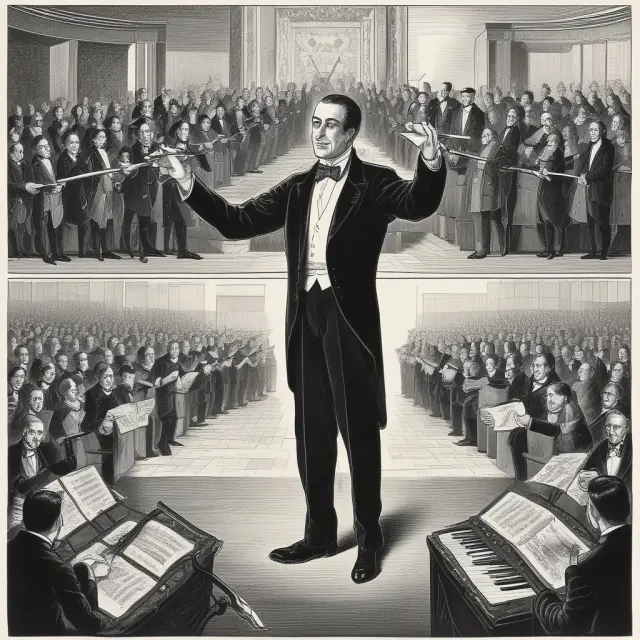 An orchestra conductor representing Walrasian markets, managing market forces to clear orders by balancing buyer bids and seller asks