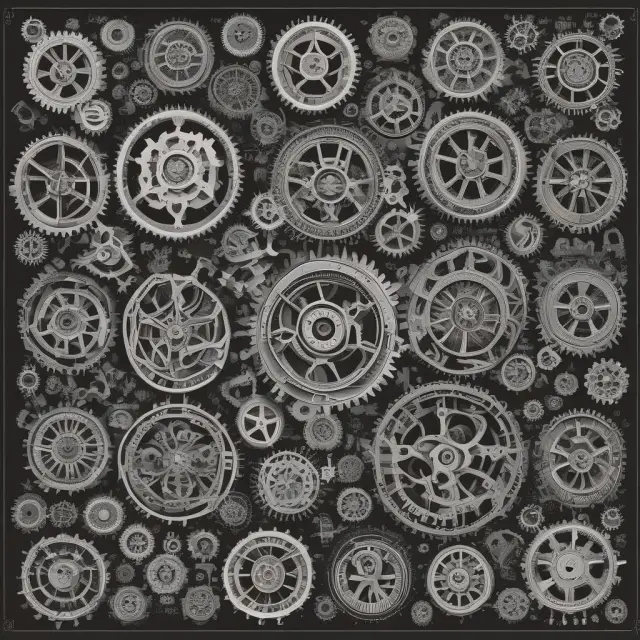 A visualization of S&P 500 as an index made up of large gears, representing the top four influential companies with larger gears and interconnected movements.