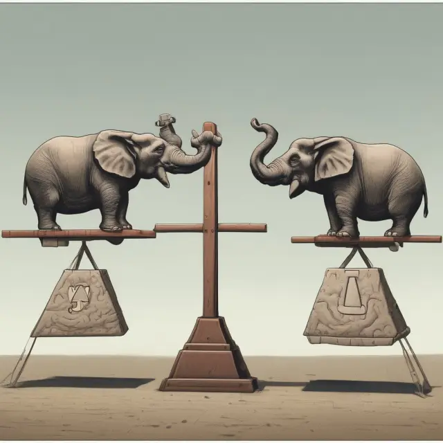 An elephant representing the Price-Weighted Index (DJIA) and an antelope symbolizing Equal Market Cap Weighted Index (S&P 500 EWI) on a seesaw, illustrating their performance comparison.