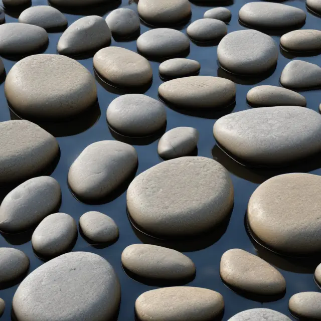 A serene pond filled with large stones, each varying in size and creating unique ripples, representing weighted average market capitalization in stock markets.