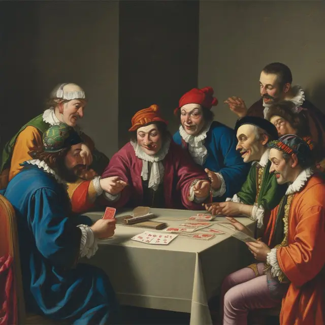 A jester plays with cards while blindfolded investors look on, representing instances of wanton disregard within the financial industry