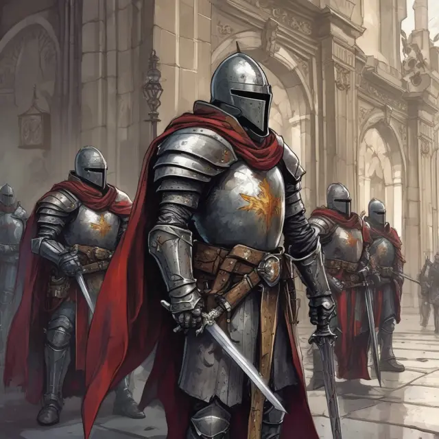 A knight holding a shield emblazoned with a regulatory symbol protects a majestic, fortified castle symbolizing the finance industry from wayward rogues attempting to breach its walls