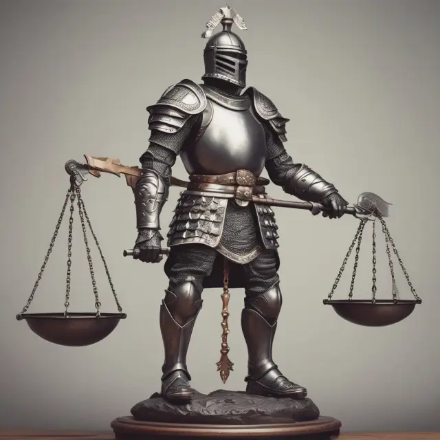 An armored knight safeguards a balance scale, representing financial institutions