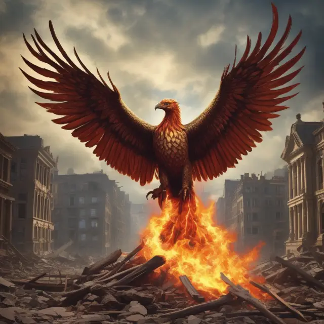 Phoenix rising amidst ruins, illustrating the government