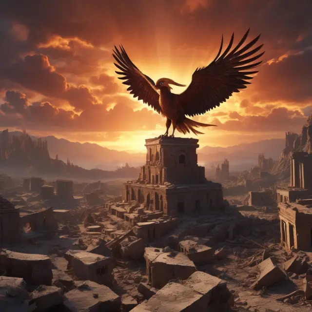 A fiery phoenix rises above war-torn ruins, symbolizing the War Damage Corporation