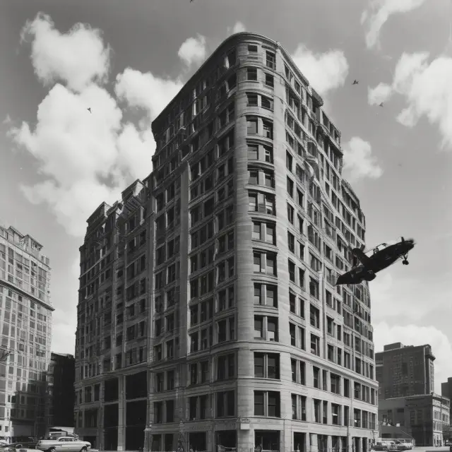 A vintage warplane flying overhead, symbolizing the past, while modern buildings represent the impact of the War Damage Corporation