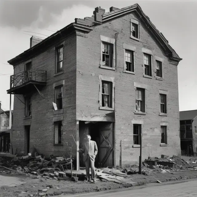 An umbrella standing tall amidst war chaos, symbolizing the War Damage Corporation shielding homes from wartime destruction