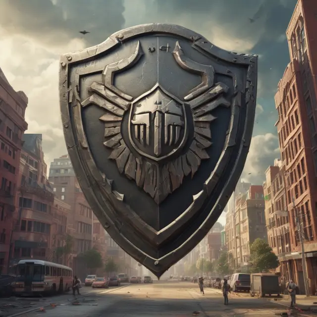 An image of the War Damage Corporation as a protective shield, guarding a city against enemy attacks during wartime.