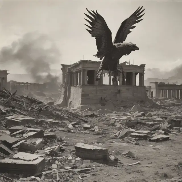 An image of a phoenix emerging from war-torn ruins, symbolizing the transformation of the War Damage Corporation into the Reconstruction Finance Corporation