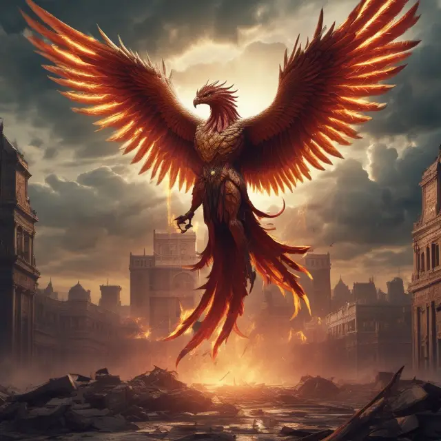 A mythical phoenix emerging from ruins amidst wartime destruction, representing the War Damage Corporation