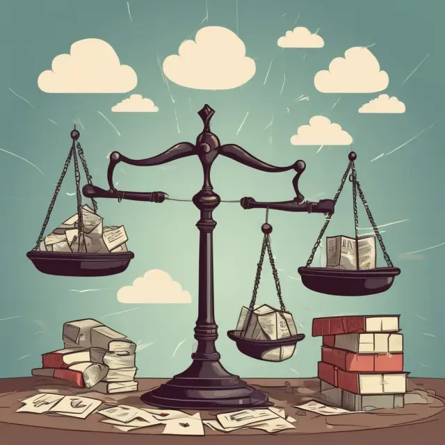 Image of a person skillfully balancing a scale with military symbols representing war economy elements: taxation, resource allocation, and rationing.