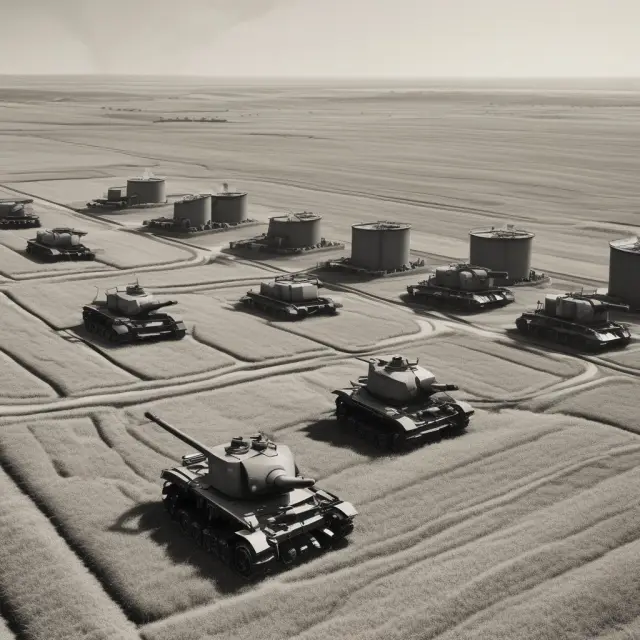 Factory working at full capacity, manufacturing military equipment alongside agriculture