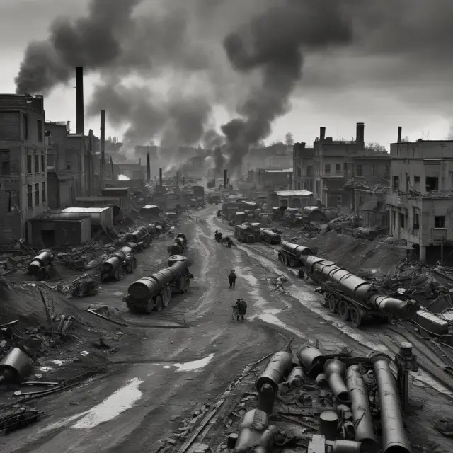 A visual representation of the U.S. transformation into a war economy during WW2, with factories producing war supplies and women filling labor roles.