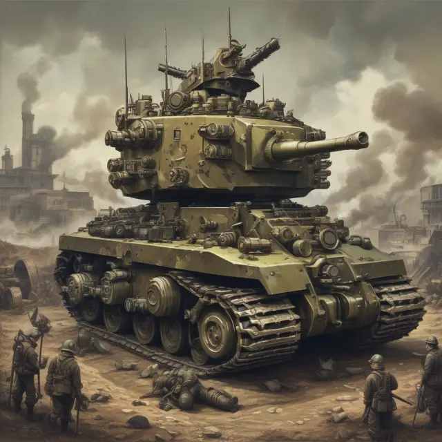 An image of intertwining military gears and factories symbolizing the tension between advancements in industrial production and wasteful spending during war economies