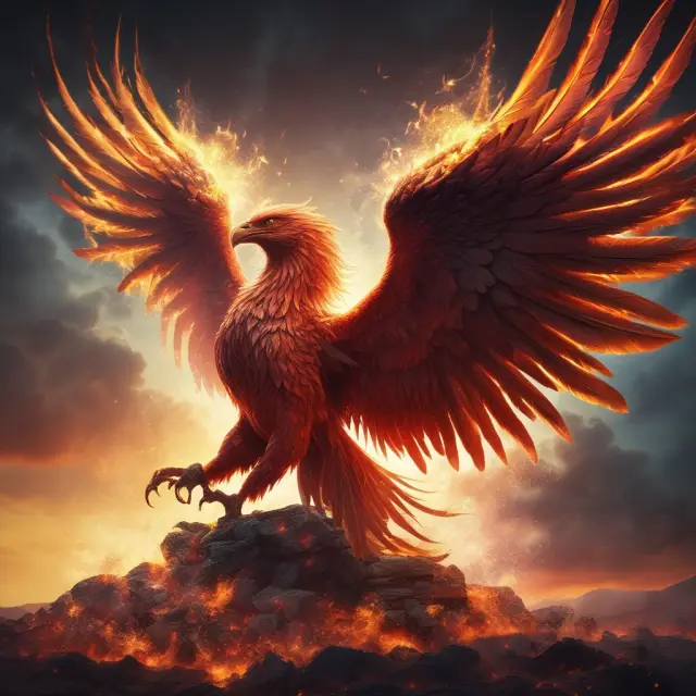 A mythical Phoenix rising from a battlefield, illustrating industrial, technological, and medical advancements born out of war economies