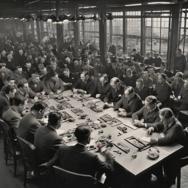 Officials in discussion, factories reconfigured for military production