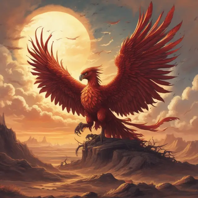A mythical bird arises from ashes of conflict, representing economic transformation and growth