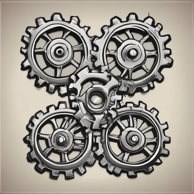 Two gears representing military defense (one) and domestic progress (the other) interlocking in a war economy