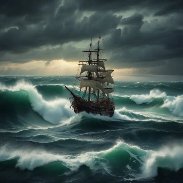 An institutional investor steering a large ship through tempestuous waters, representing the challenges of managing assets with war exclusion clauses