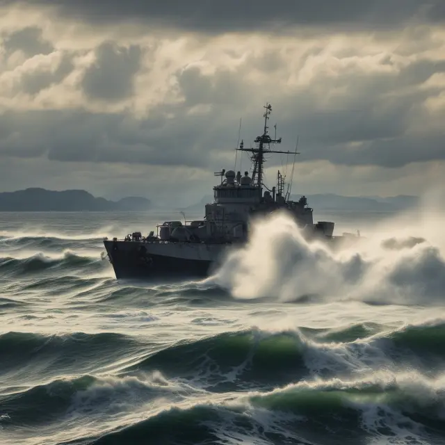 An insurance boat sailing through stormy waters filled with war exclusion clause papers, representing the challenges faced by insurers when handling these clauses.