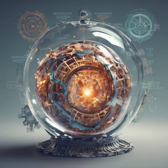 A crystal ball displaying a changing war exclusion clause with gears and data streams to represent the evolving insurance industry.