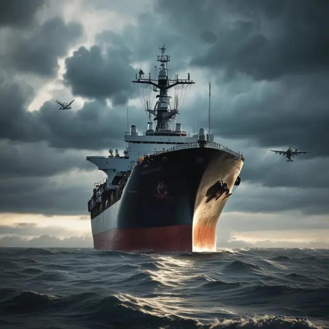 An aviation plane and a ship braving rough waves in a stormy sea, with war risk insurance coverage symbolized by a shield