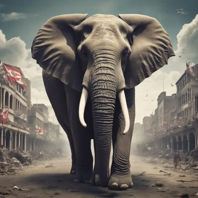 An elephant, representing a business, stands tall and strong against volatile political landscapes. War risk insurance is symbolized by the shield it holds.