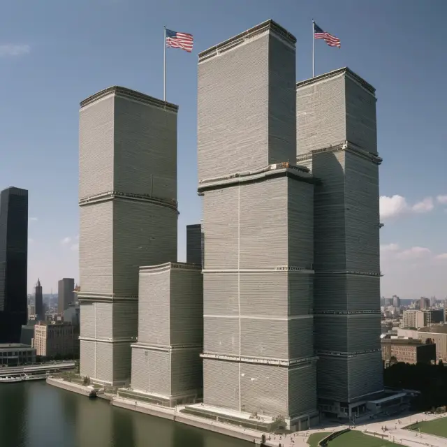 Two interconnected towers, representing the Twin Towers, made of stacks of policy documents symbolizing war risk insurance protection and resilience following the September 11 attacks
