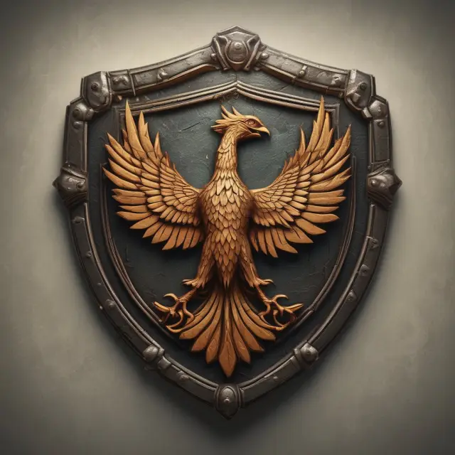 A resilient phoenix rising from ashes on an ancient shield symbolizes the role of war risk insurance in protecting against unforeseen events