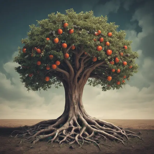 War bonds depicted as a growing tree with deep roots symbolizing quick fundraising and its fruit displaying potential profits or losses based on war outcomes