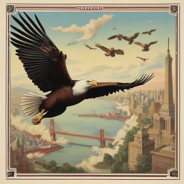 American eagle flying above a timeline depicting the transition from Liberty Bonds during WWI to War Bonds during WWII, representing their financial impact on U.S. history
