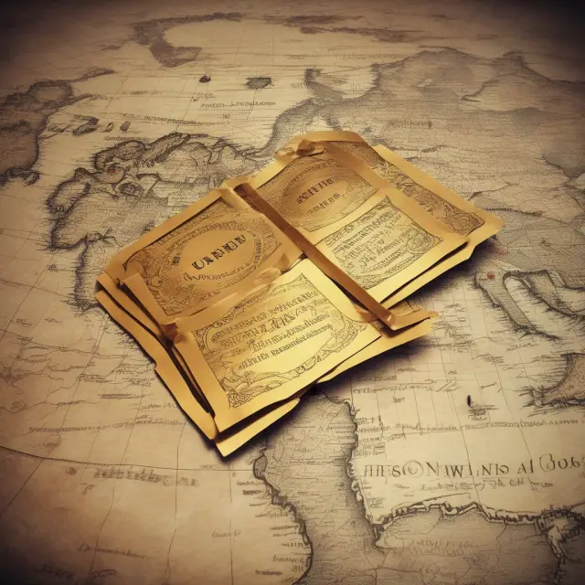 Golden tickets on a map represent war bonds, guiding investors through the process of buying these unique debt instruments, supporting their preferred nation during times of conflict