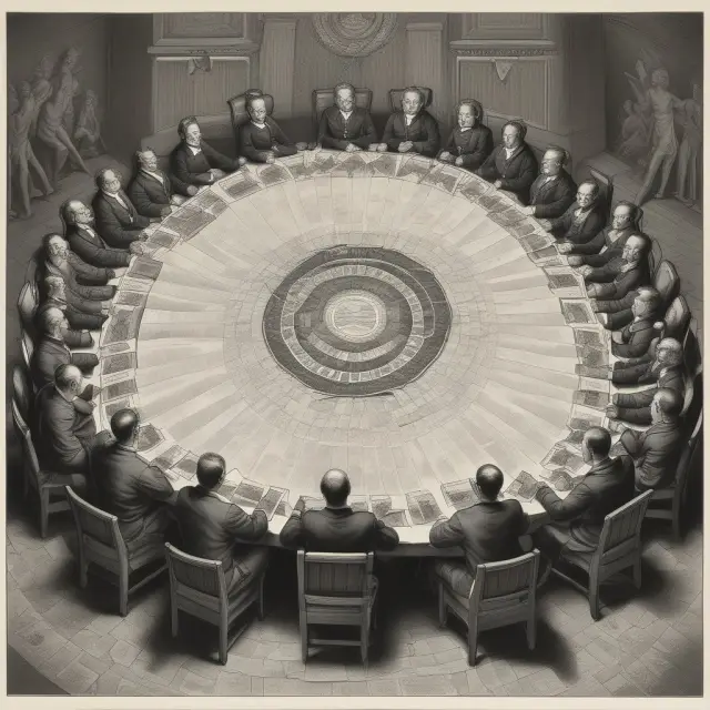 Countries issuing war bonds depicted as diverse representatives seated at a table. A symbolic representation of historical and recent war bond sales.