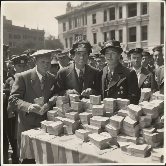 Patriotic Hollywood stars selling war bonds for World War II efforts in front of the Liberty Bell