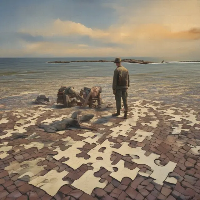 An intricate mosaic depicts war bonds among other low-yield, high-risk investment options.