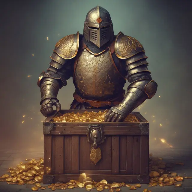 A medieval knight holding a large chest filled with gold coins and precious gems symbolizing cash and intangible assets in a company