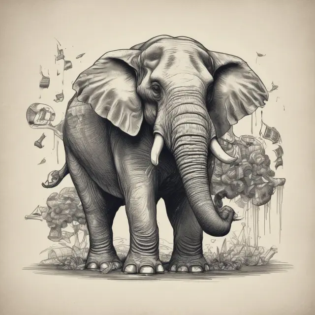 War elephant holding a pouch overflowing with gold coins, symbolizing a strong company war chest