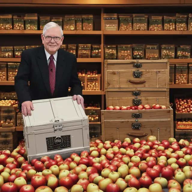 Two war chests overflowing with gold apples and acorns, symbolizing Apple