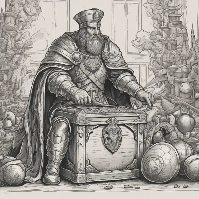 A warrior king skillfully balancing opportunities and capital efficiency using a treasure chest