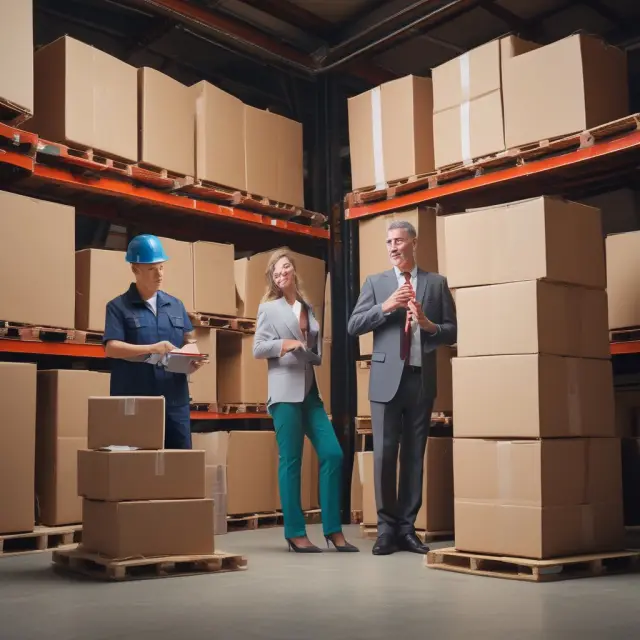Three entities - principal, obligee, and surety company - form a shield around stacked goods in a warehouse bond scenario