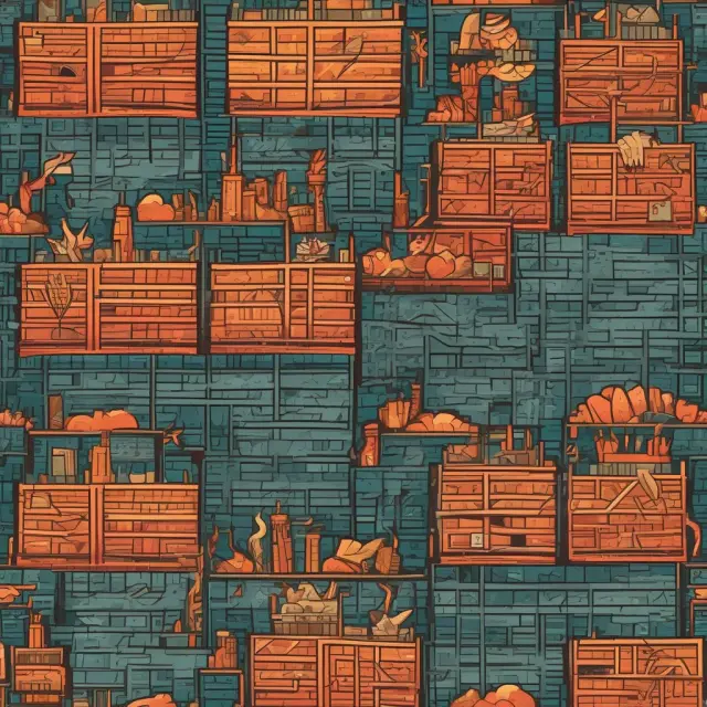 Metaphorical illustration of a mosaic warehouse scene with crates symbolizing fire, theft, water damage, roof, maintenance, handling, and climate control issues