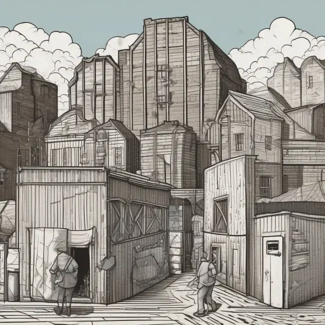 A traveler navigating a maze of bonded warehouses, with grain and eviction symbols guiding the way