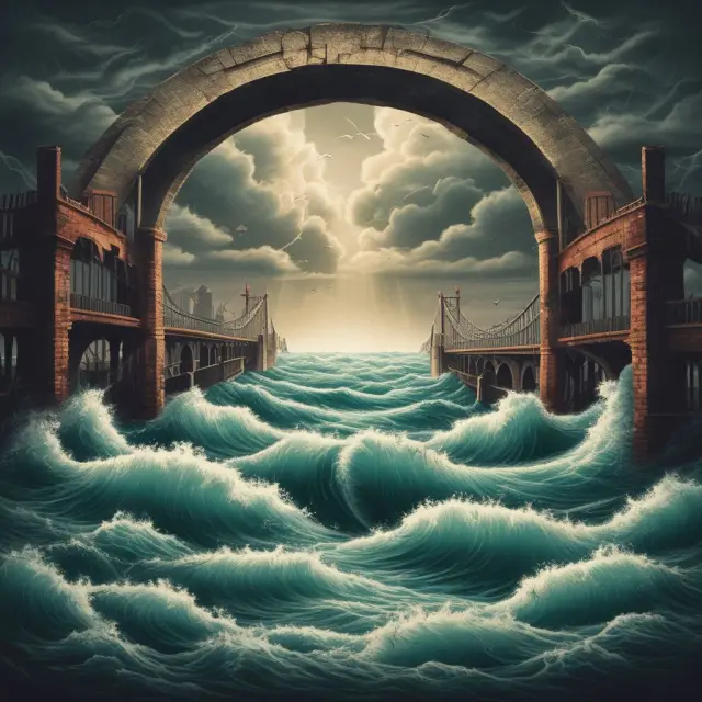 An image of a sturdy wooden bridge over stormy waters, symbolizing warehouse bonds offering potential protection against Acts of God but with certain limitations.