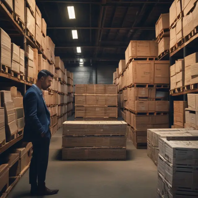 Collateral manager examining inventory in a dark warehouse; symbolizes the assessment phase of warehouse financing process.