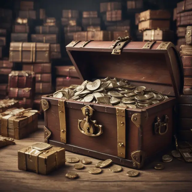 Institution investor securely safeguarding wealth through warehouse financing, using an overflowing treasure chest symbolizing inventory as collateral for a lower-risk loan