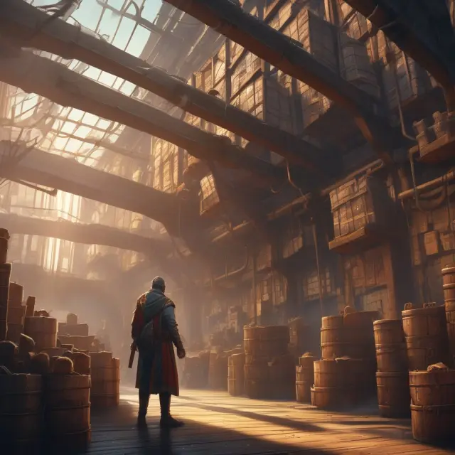 An ancient merchant on a ship sailing between two connected warehouses, protected by an ethereal shield symbolizing warehouse-to-warehouse insurance during transit.