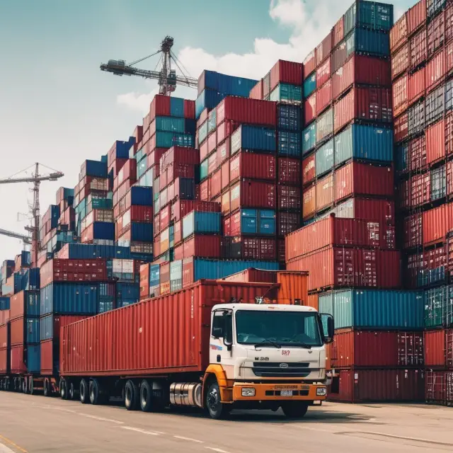 An array of goods traveling through a landscape dotted with warehouses, sea, sky, and roads, symbolizing protection by diverse insurance policies during transit.
