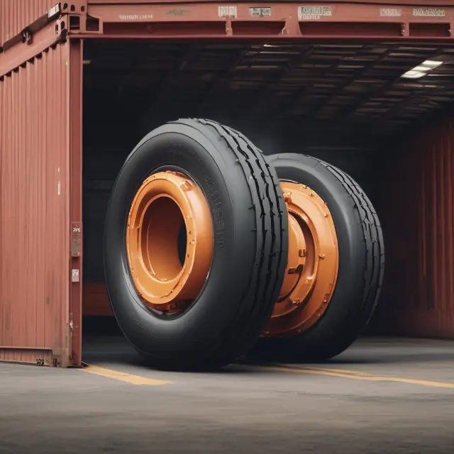 A tire in the shape of a shield being transported between warehouses via trucking, shipping, and rail. Protected by insurance coverage throughout its journey.