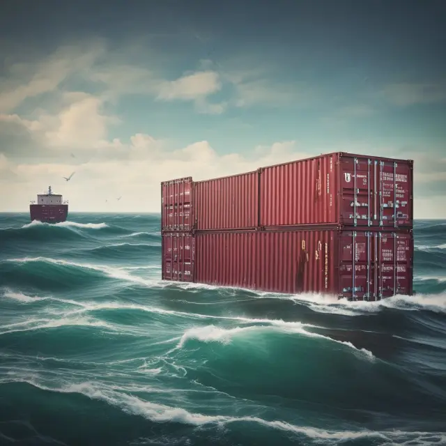 Two shipping containers on a vast ocean: one labeled Warehouse-to-Warehouse and the other All Risk, representing different levels of coverage in commercial shipping insurance.